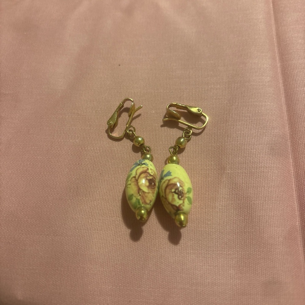 Vintage Hand Painted Rose Clip On Earrings